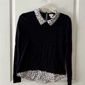 J. Crew Black Top with Animal Print Collar